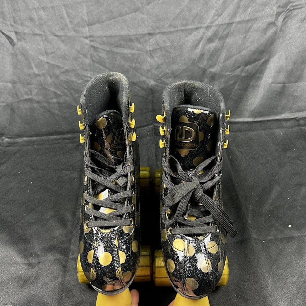 Roller Derby EZ Roll Youth Adjustable Skates Black Gold Polka Dot Glitter 3-6